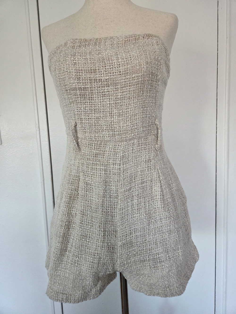 Olivaceous Strapless Textured Romper in Light Beige
